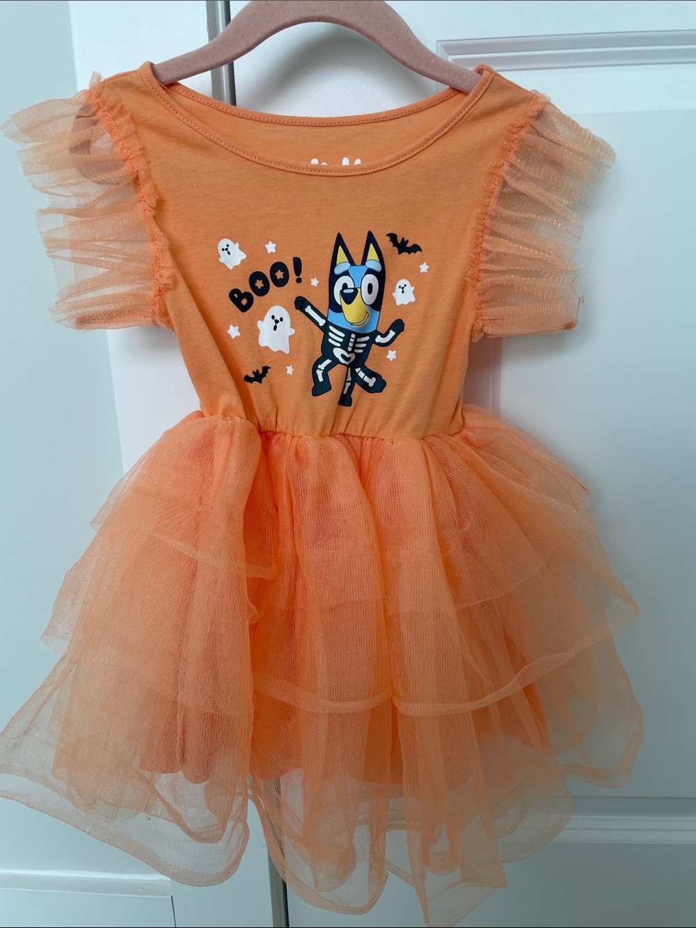 Orange Bluey Halloween Tutu Dress with Playful Skeleton Graphic